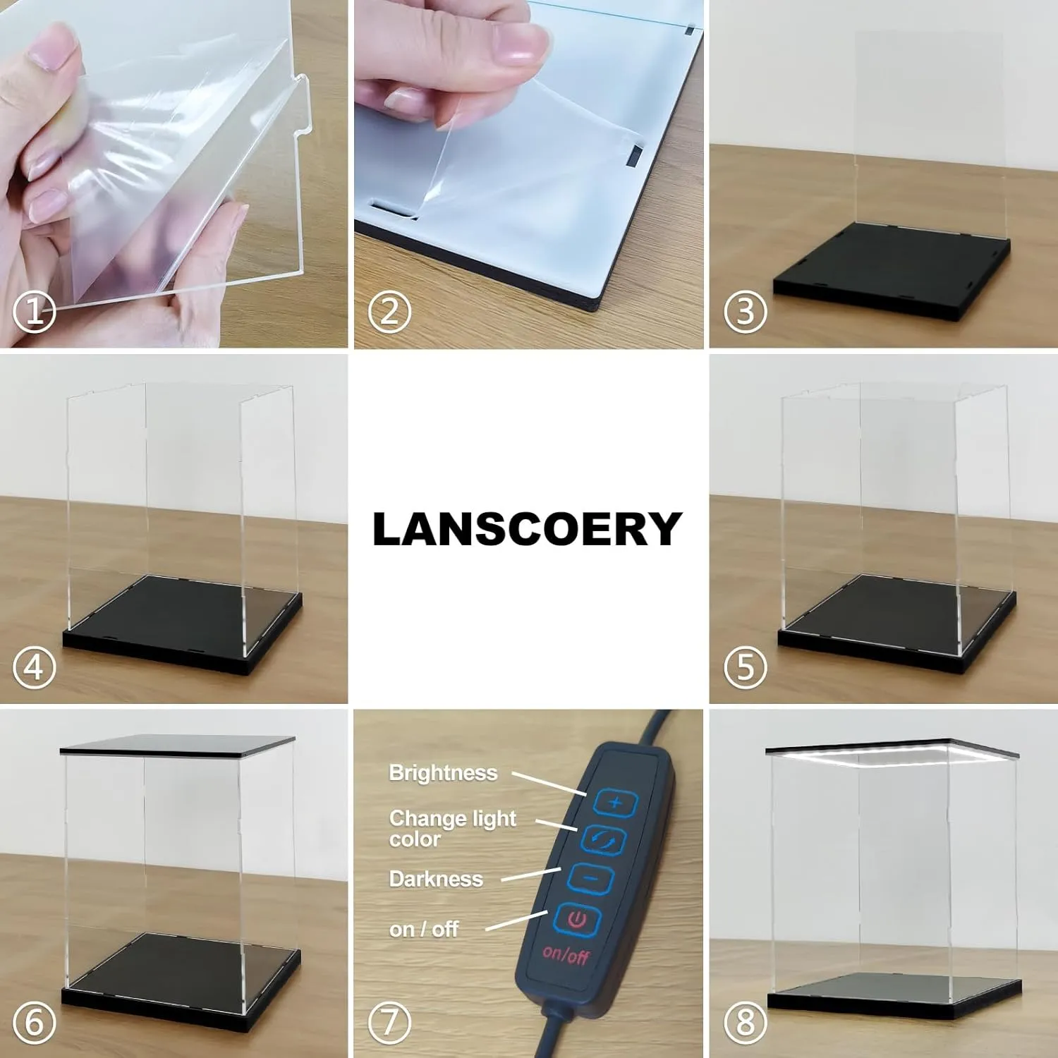 LANSCOERY Clear Acrylic Display Case with White and Warm LED Light, Showcase and Display Box, Dustproof with UV Protection, Perfect for Figures Collectibles - 13.8x13.8x13.8inch