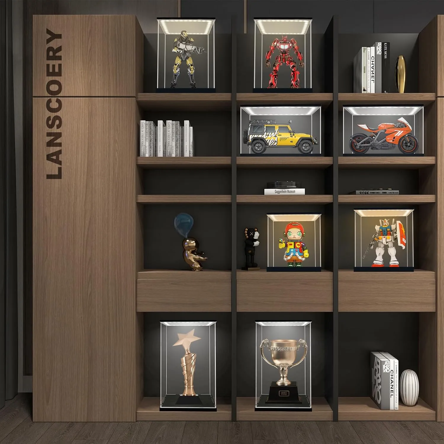 LANSCOERY Clear Acrylic Display Case with White and Warm LED Light, Showcase and Display Box, Dustproof with UV Protection, Perfect for Figures Collectibles - 13.8x13.8x13.8inch