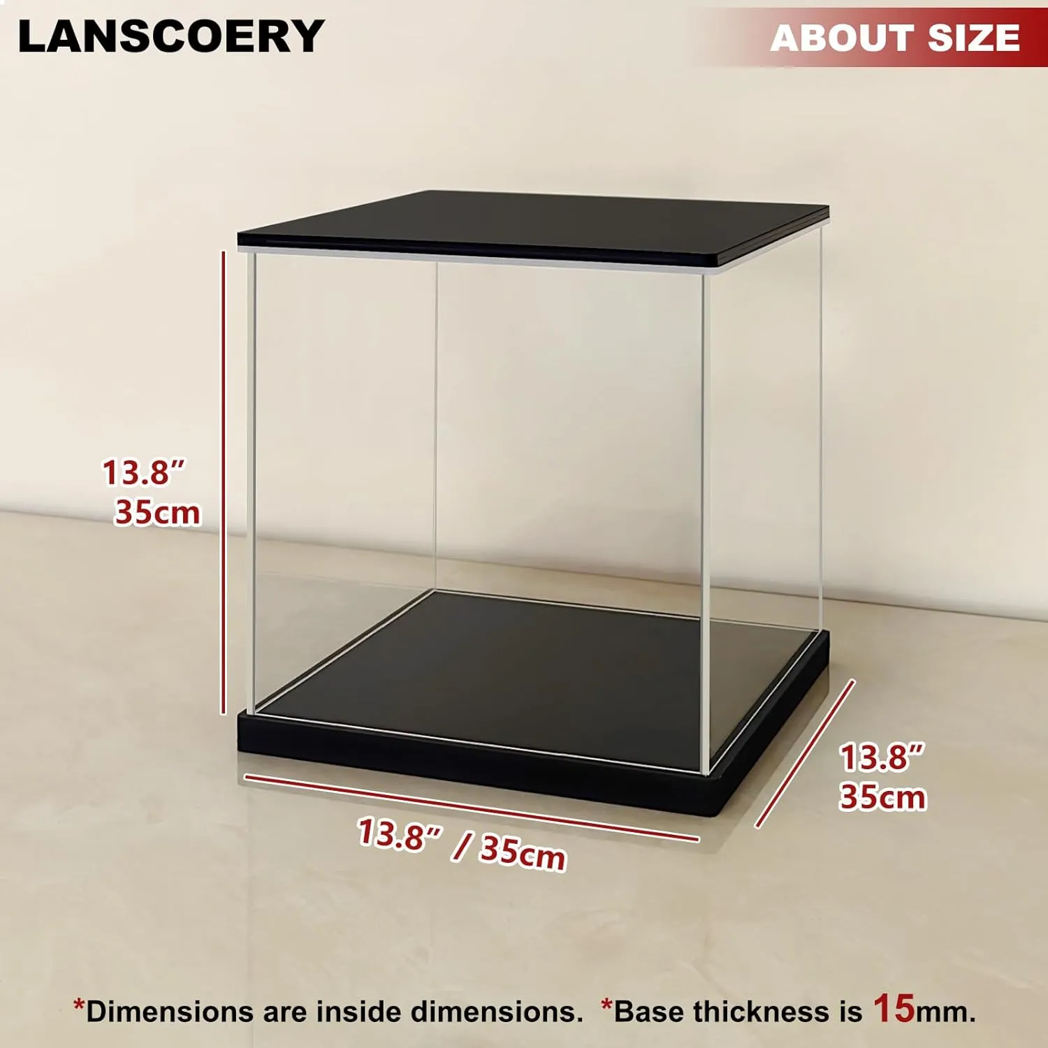 LANSCOERY Clear Acrylic Display Case with White and Warm LED Light, Showcase and Display Box, Dustproof with UV Protection, Perfect for Figures Collectibles - 13.8x13.8x13.8inch