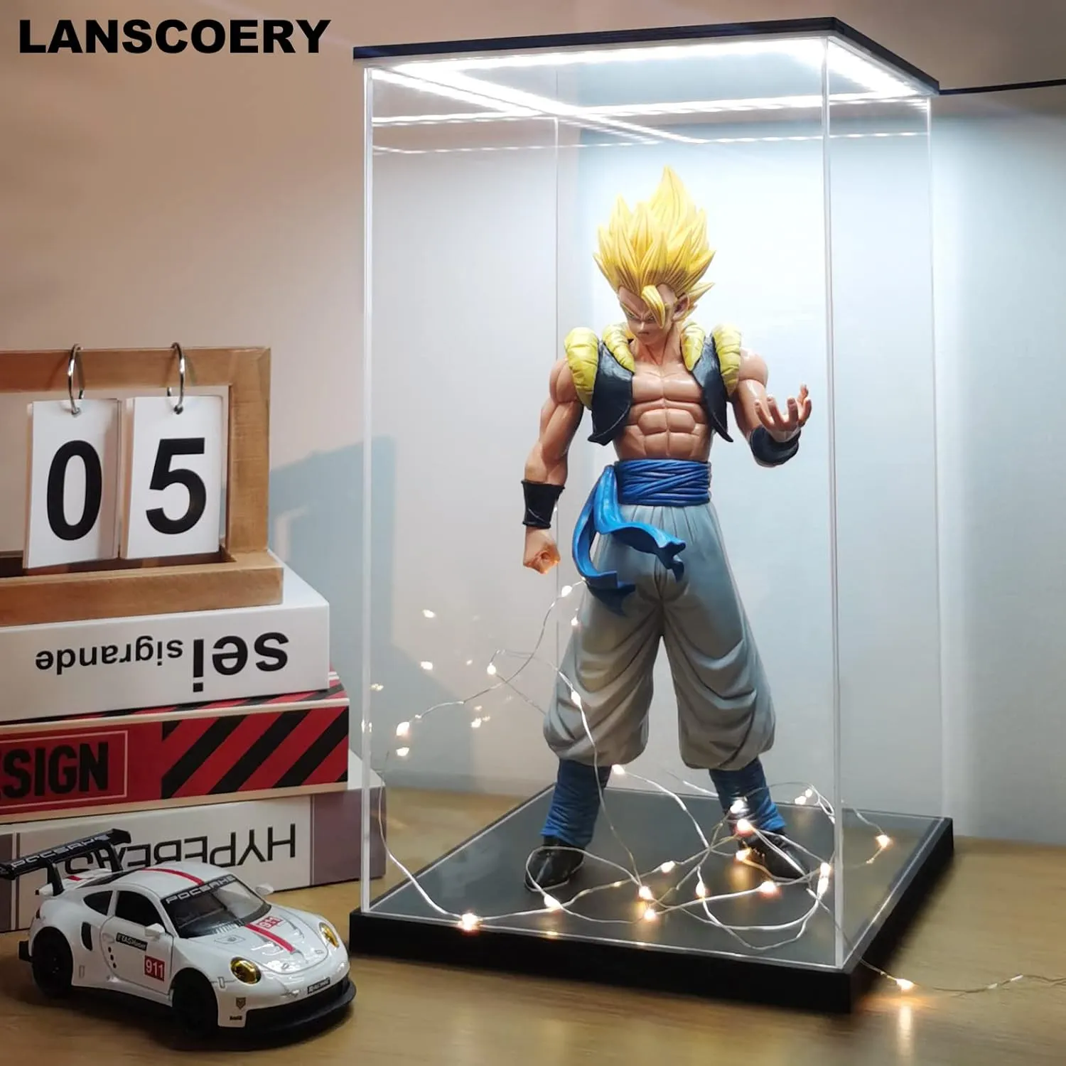 LANSCOERY Clear Acrylic Display Case with White and Warm LED Light, Showcase and Display Box, Dustproof with UV Protection, Perfect for Figures Collectibles - 13.8x13.8x13.8inch