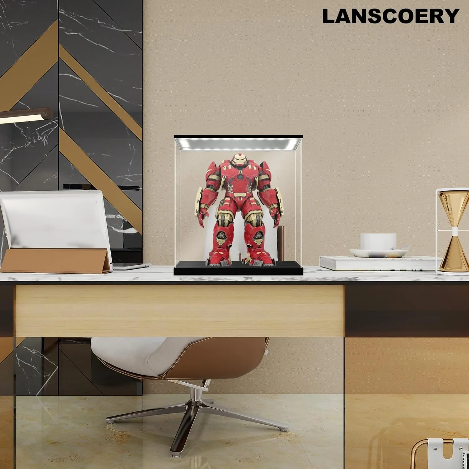 LANSCOERY Clear Acrylic Display Case with White and Warm LED Light, Showcase and Display Box, Dustproof with UV Protection, Perfect for Figures Collectibles - 13.8x13.8x13.8inch