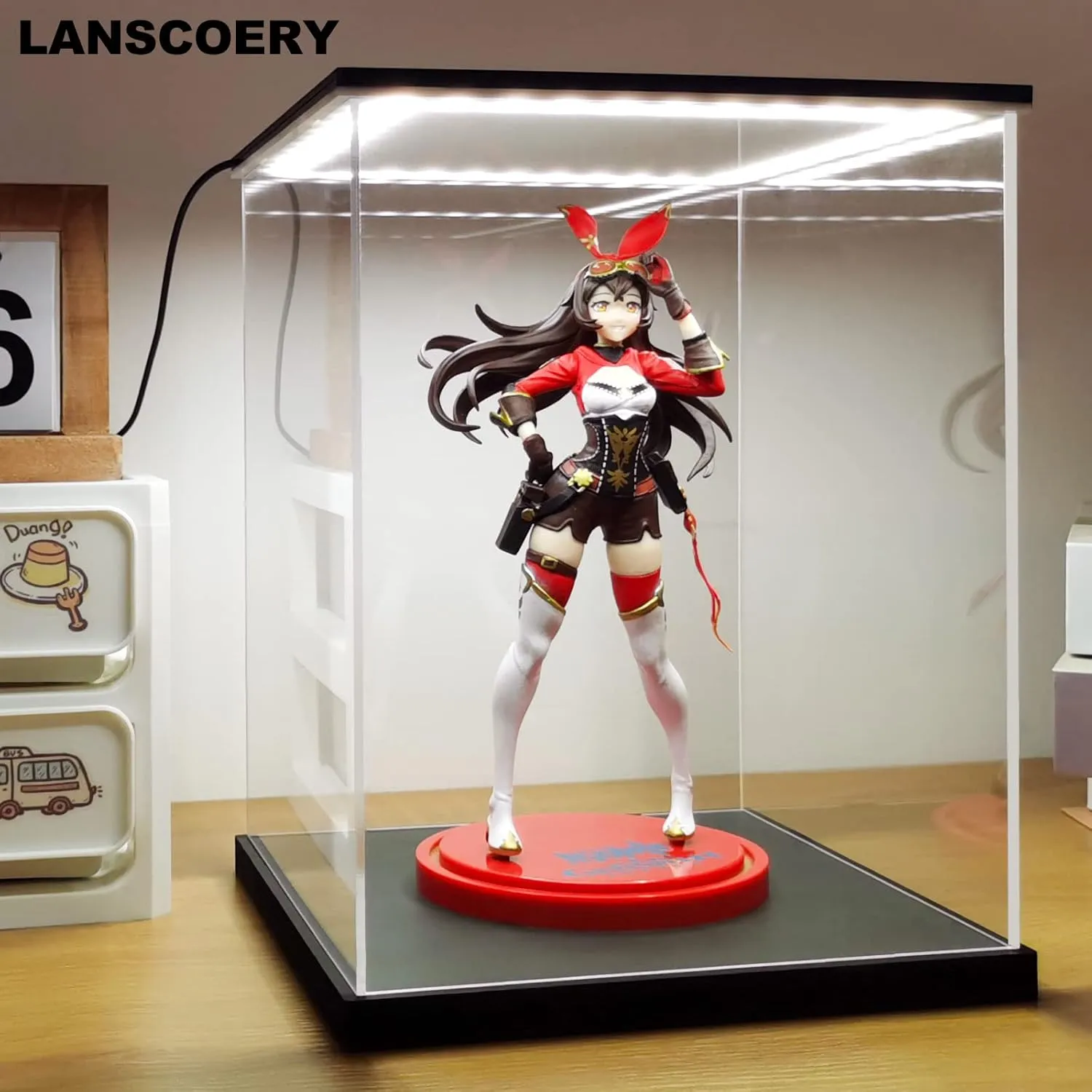 LANSCOERY Clear Acrylic Display Case with White and Warm LED Light, Showcase and Display Box, Dustproof with UV Protection, Perfect for Figures Collectibles - 13.8x13.8x13.8inch