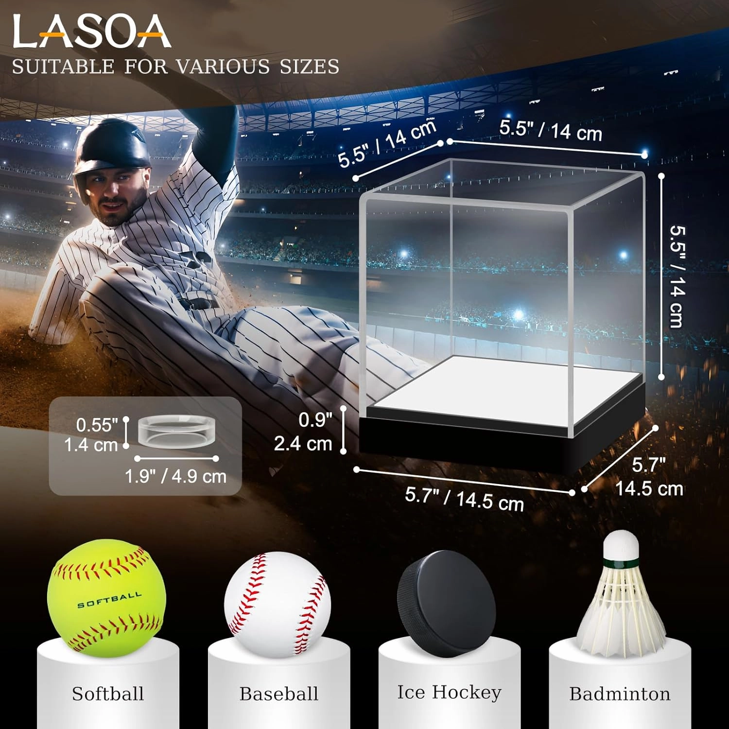 LASOA Softball Display Case with RGBW LED Light, Acrylic Display Box for Memorabilia, UV Protection Dust Proof for Autographed Ball with Ball Stand, 5.5x5.5x5.5 Inch