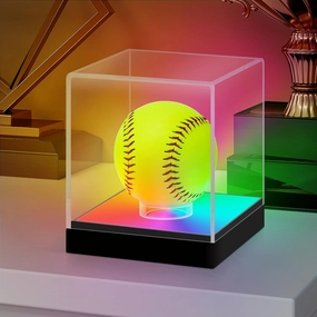 LASOA Softball Display Case with RGBW LED Light, Acrylic Display Box for Memorabilia, UV Protection Dust Proof for Autographed Ball with Ball Stand, 5.5x5.5x5.5 Inch