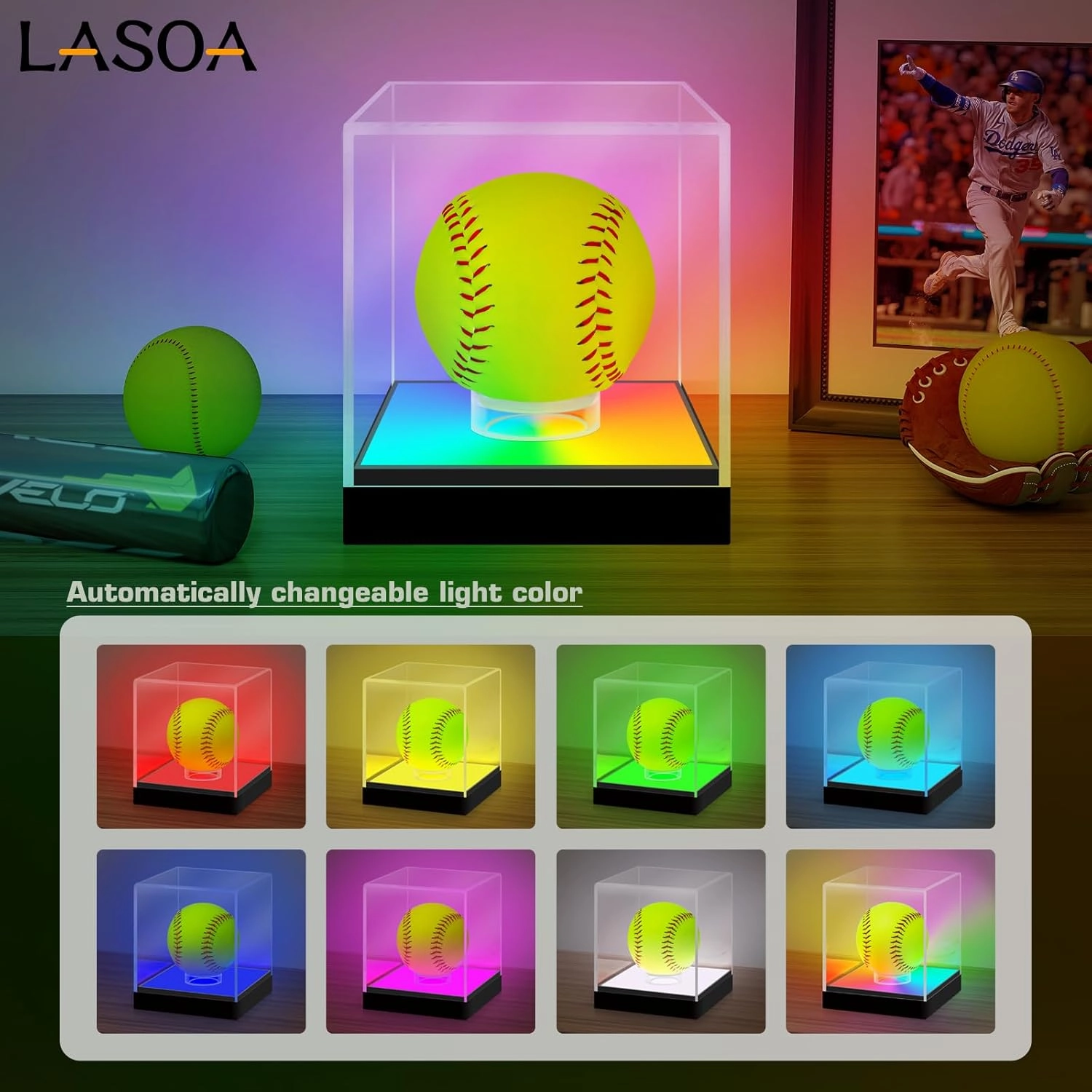 LASOA Softball Display Case with RGBW LED Light, Acrylic Display Box for Memorabilia, UV Protection Dust Proof for Autographed Ball with Ball Stand, 5.5x5.5x5.5 Inch