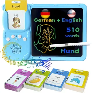 LCD Writing Tablet for Kids 3-12 - Talking English German Flash Cards, Bilingual 510 Sight Words, Toddler Pocket Speech, Learning Drawing Pad Board, Autism Toys for Children Boys (Blue)
