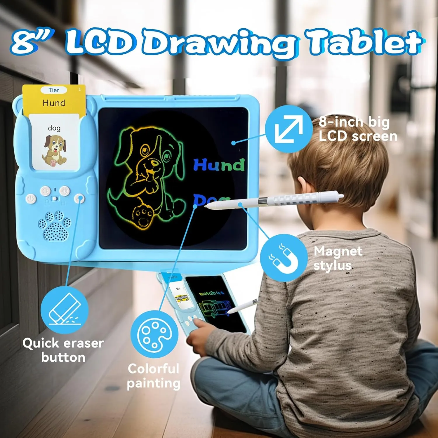 LCD Writing Tablet for Kids 3-12 - Talking English German Flash Cards, Bilingual 510 Sight Words, Toddler Pocket Speech, Learning Drawing Pad Board, Autism Toys for Children Boys (Blue)