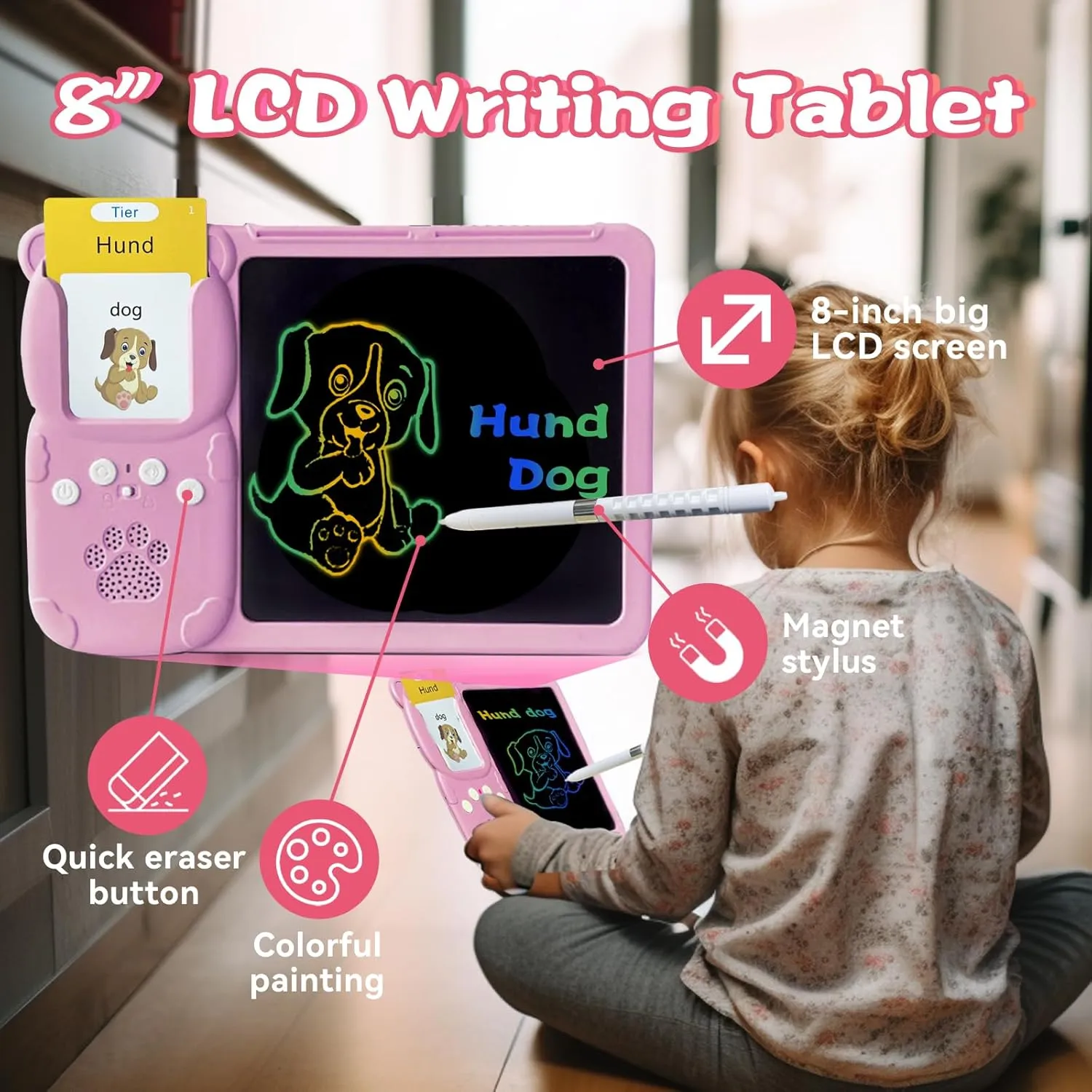 LCD Writing Tablet for Kids 3-12 - Talking English German Flash Cards, Bilingual 510 Sight Words, Toddler Pocket Speech, Learning Drawing Pad Board, Autism Toys for Children Girls (Pink)