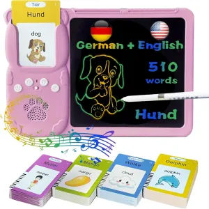 LCD Writing Tablet for Kids 3-12 - Talking English German Flash Cards, Bilingual 510 Sight Words, Toddler Pocket Speech, Learning Drawing Pad Board, Autism Toys for Children Girls (Pink)