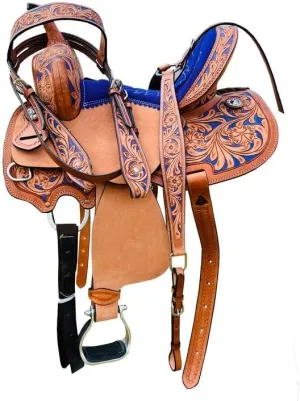 Leather Western Barrel Racing Horse Saddle Handmade Premium Comfort Riding Trail Equestrian Tooled Carved Get Matching Headstall, Breast Collar & Reins Size: 10-18 inches Seat Available, BRL137