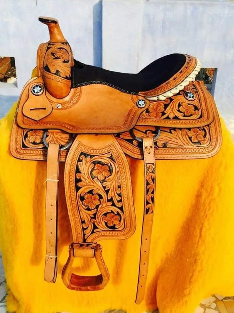 Leather Barrel Racing Western Horse Saddle Handmade Premium Horseback Comfort Riding Trail Equestrian Tooled Carved Horse Sdadles for Horse Riding Size: 10"-18" inches Seat, MOB279