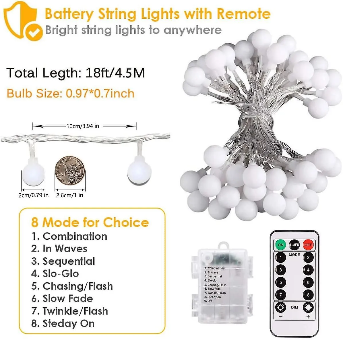 Led String Lights, 18ft 40 Led Battery Powered String Lights, 8 Modes With Remot