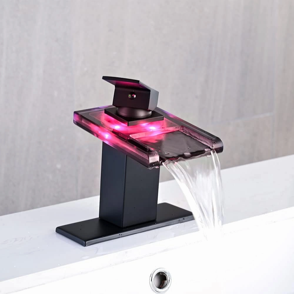 LED Bathroom Sink Faucet, Matte Black Waterfall Single Hole Handle Vanity Faucets for Sinks 1 Hole with Metal Pop Up Drain and 2 Water Supply Lines, Open Glass Spout