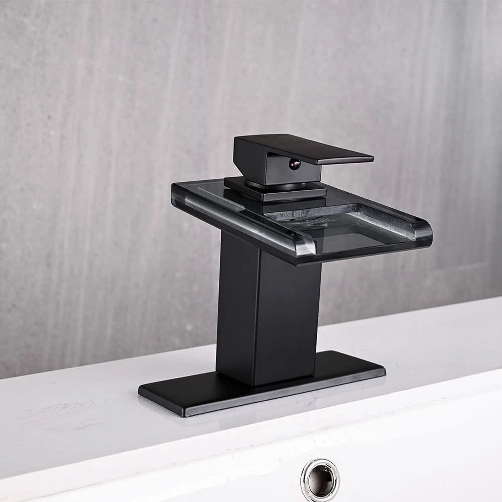 LED Bathroom Sink Faucet, Matte Black Waterfall Single Hole Handle Vanity Faucets for Sinks 1 Hole with Metal Pop Up Drain and 2 Water Supply Lines, Open Glass Spout
