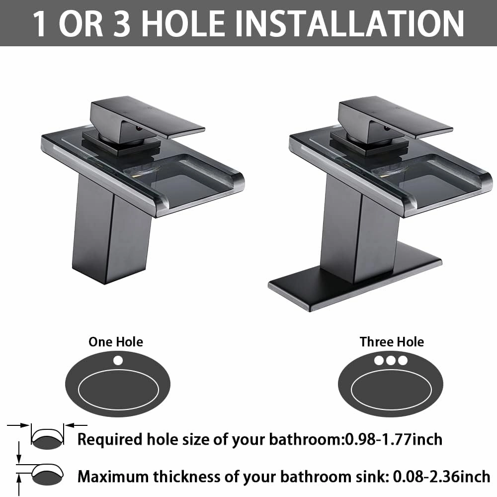 LED Bathroom Sink Faucet, Matte Black Waterfall Single Hole Handle Vanity Faucets for Sinks 1 Hole with Metal Pop Up Drain and 2 Water Supply Lines, Open Glass Spout