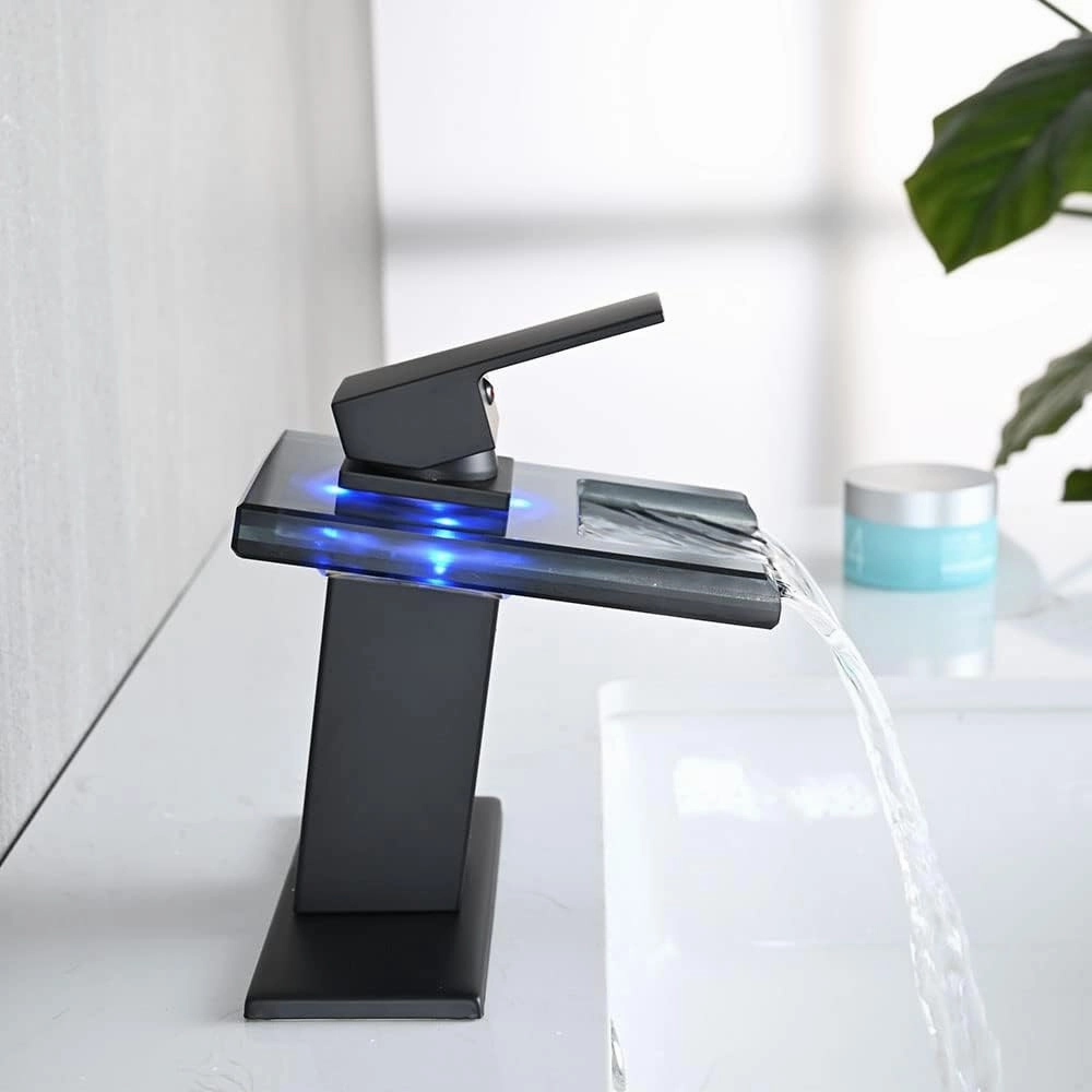 LED Bathroom Sink Faucet, Matte Black Waterfall Single Hole Handle Vanity Faucets for Sinks 1 Hole with Metal Pop Up Drain and 2 Water Supply Lines, Open Glass Spout
