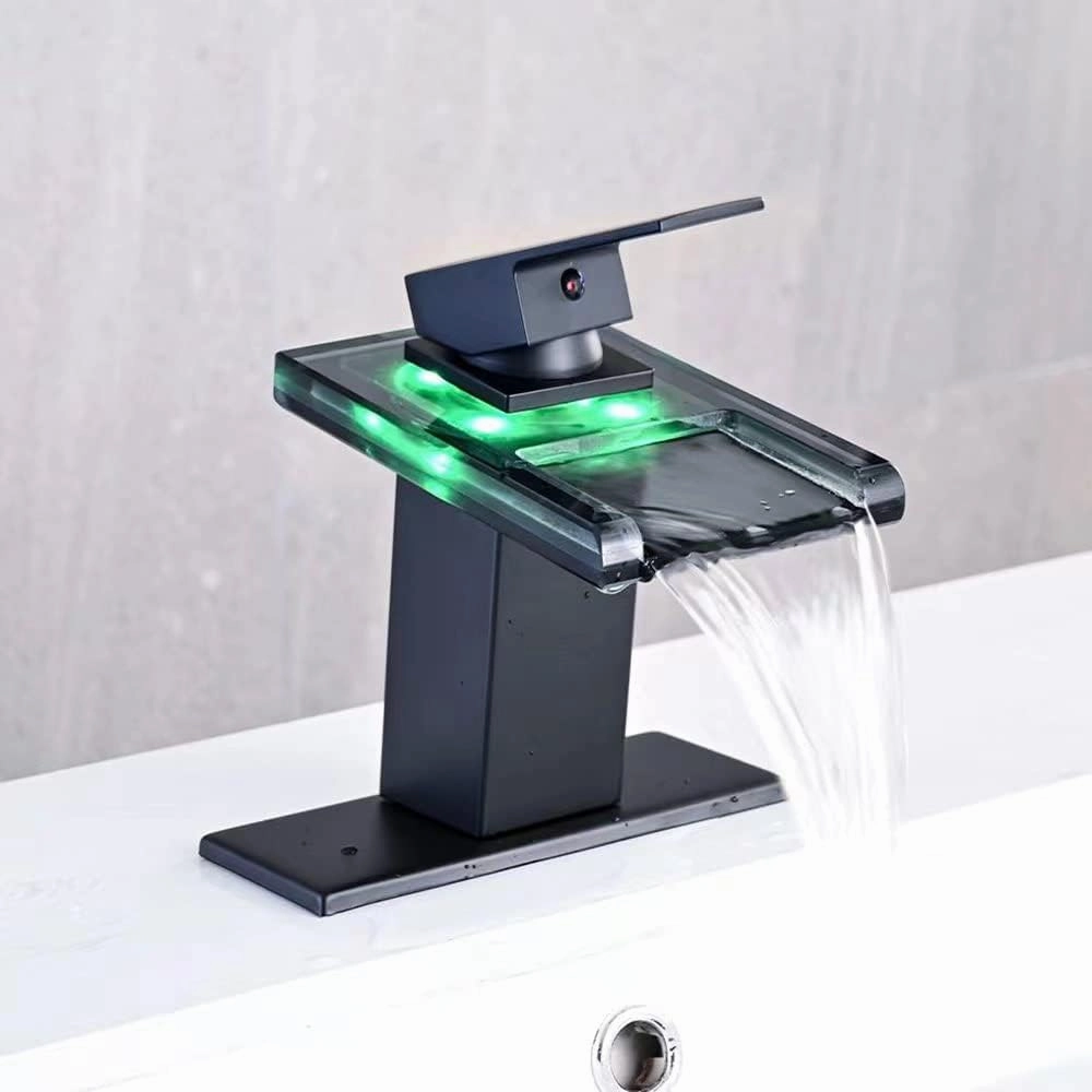 LED Bathroom Sink Faucet, Matte Black Waterfall Single Hole Handle Vanity Faucets for Sinks 1 Hole with Metal Pop Up Drain and 2 Water Supply Lines, Open Glass Spout