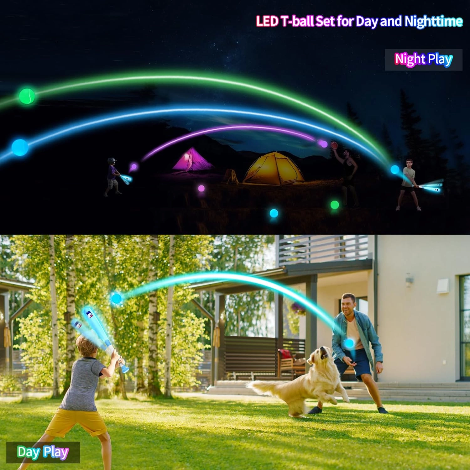 LED Tball Set for Toddlers 3-5, 5-8, Light up Tee Ball Set for Toddlers, Glow in The Dark T Ball Set for Kids 3-5, Kids Outdoor Toys Baseball Toys Gifts for Boys Girls (Blue)