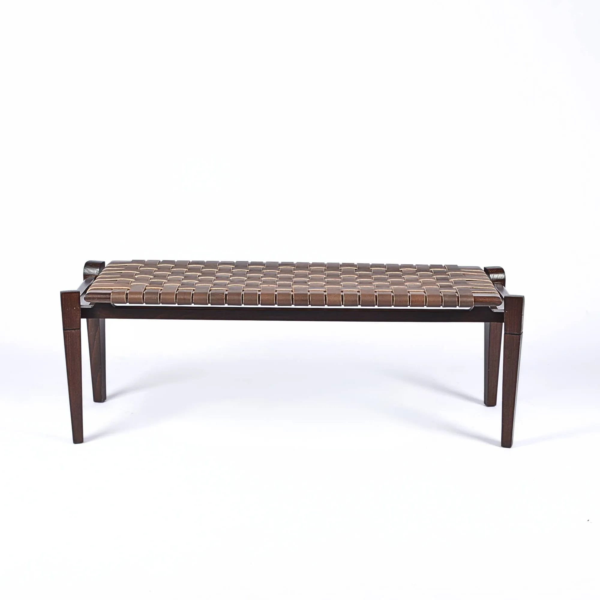 Leif Woven Leather Bench - Brown Teak Wood With Brown Strap Leather
