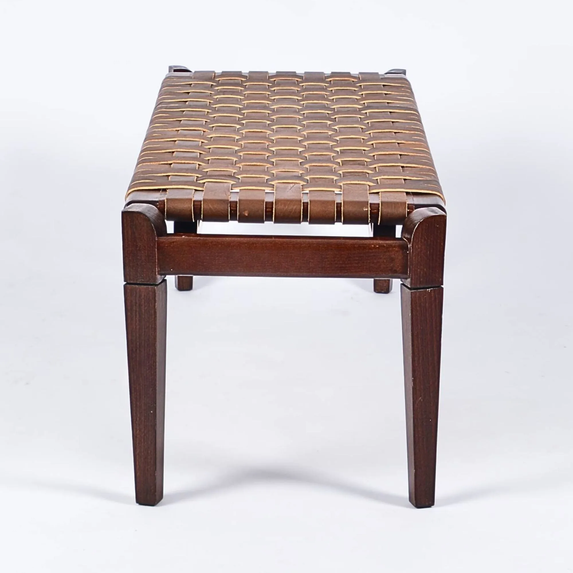 Leif Woven Leather Bench - Brown Teak Wood With Brown Strap Leather