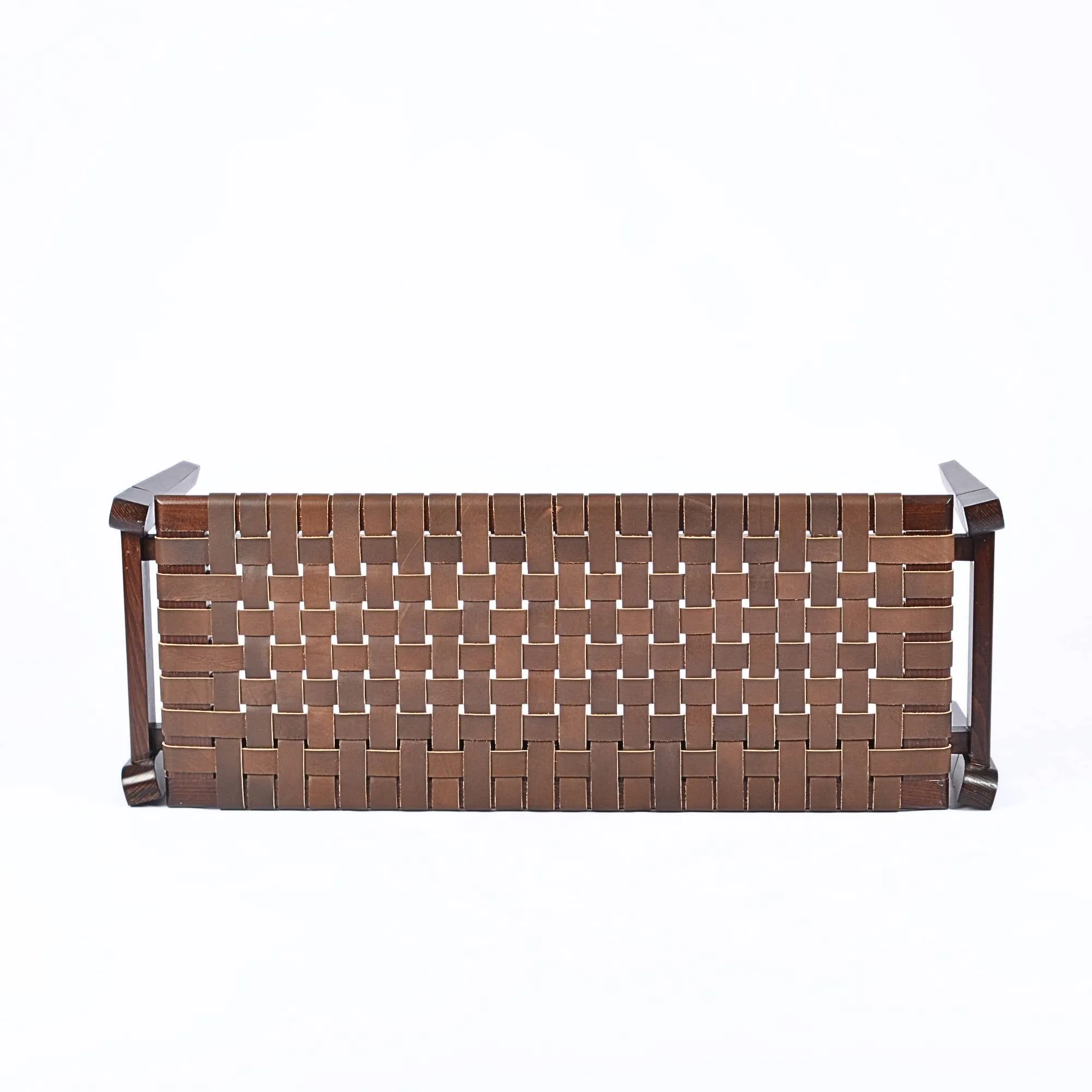 Leif Woven Leather Bench - Brown Teak Wood With Brown Strap Leather