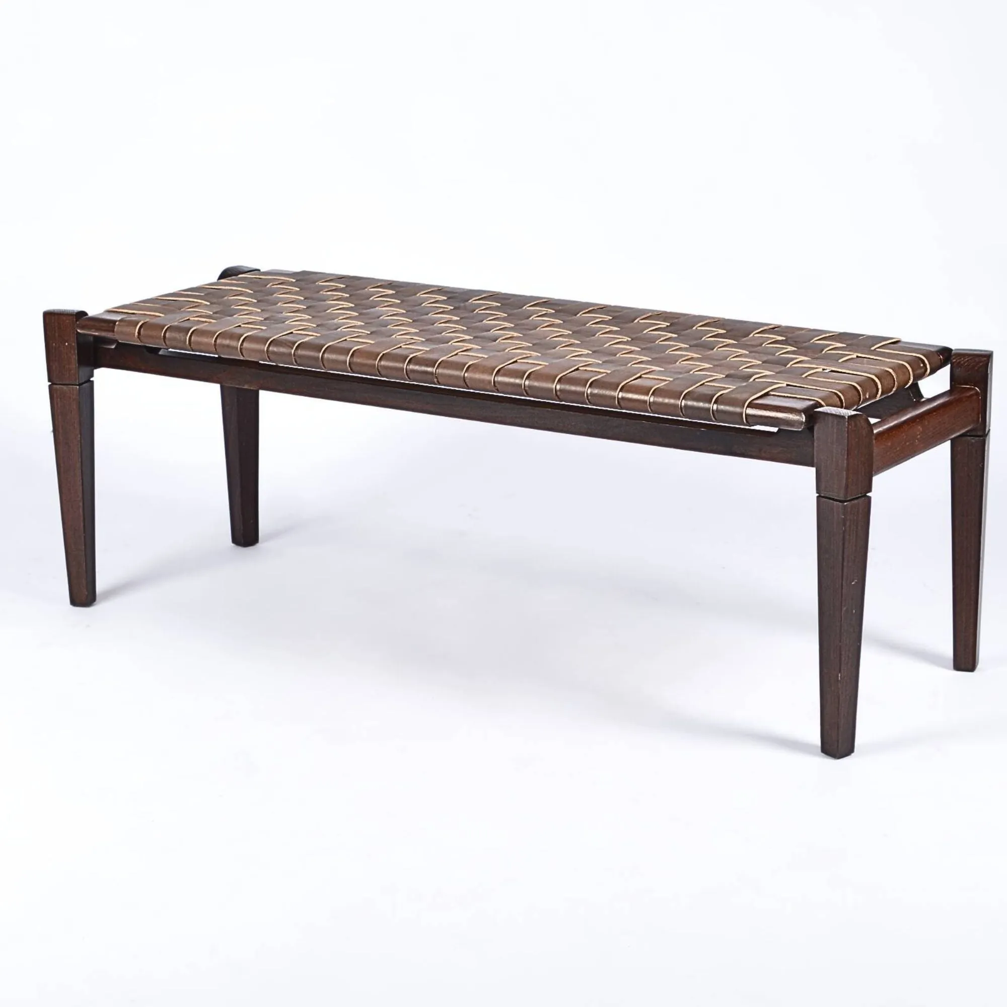 Leif Woven Leather Bench - Brown Teak Wood With Brown Strap Leather