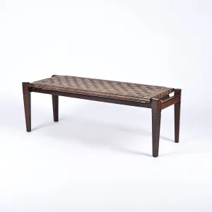 Leif Woven Leather Bench - Brown Teak Wood With Brown Strap Leather