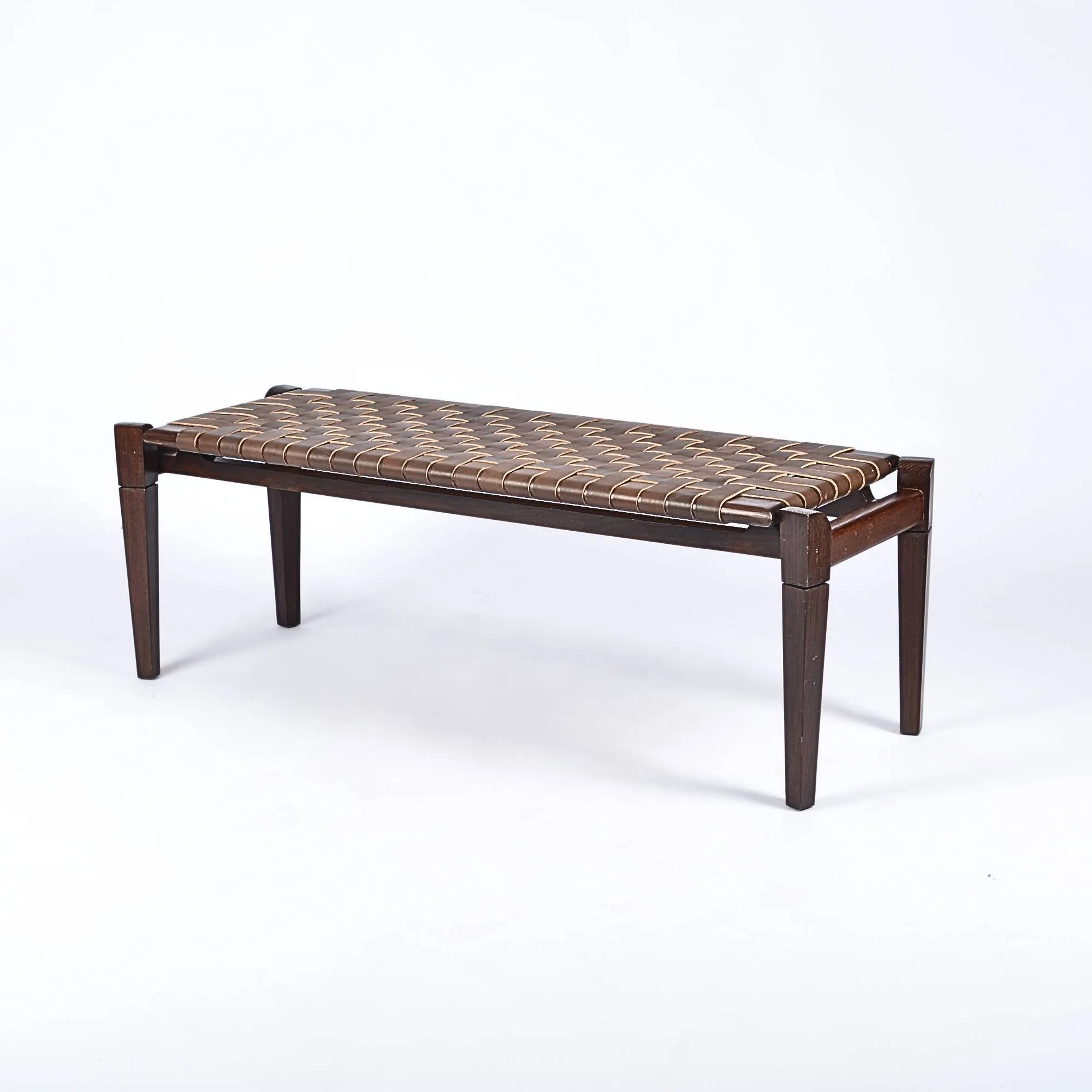 Leif Woven Leather Bench - Brown Teak Wood With Brown Strap Leather