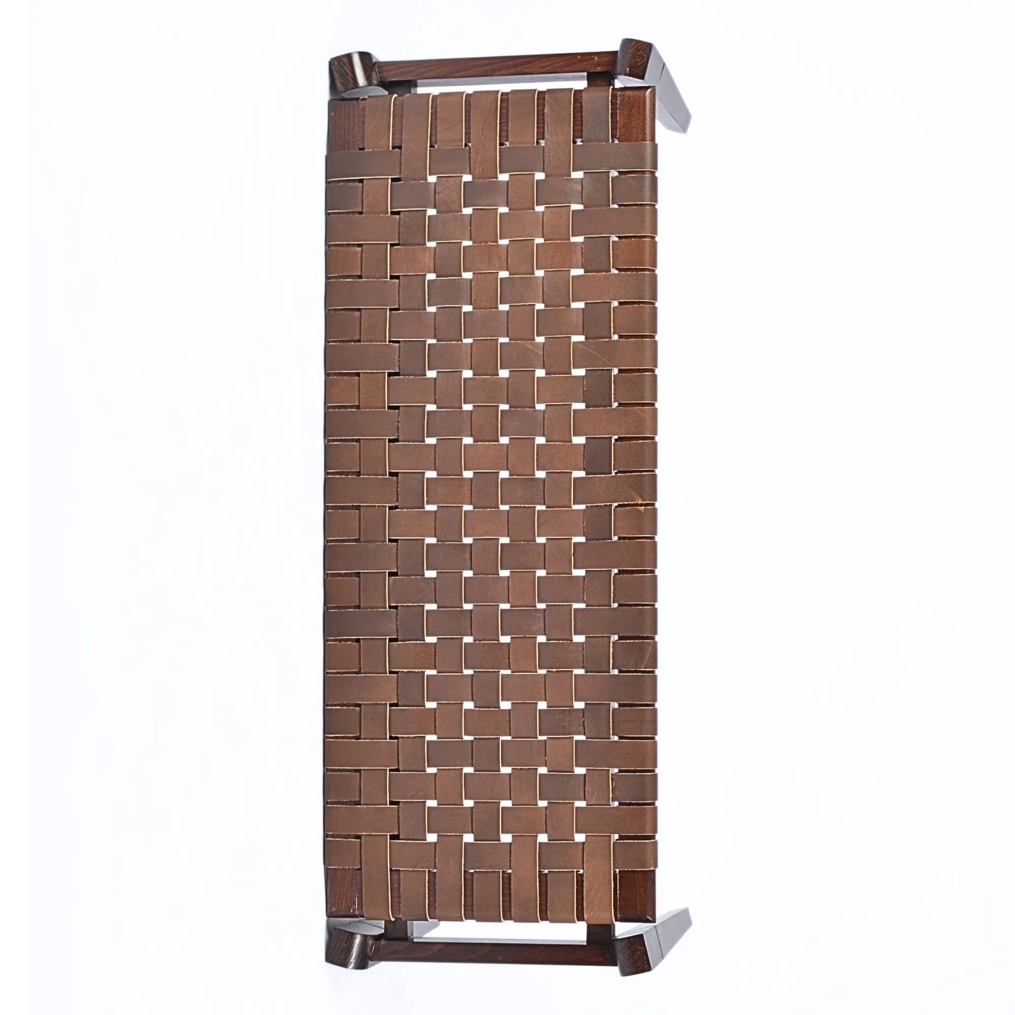 Leif Woven Leather Bench - Brown Teak Wood With Brown Strap Leather