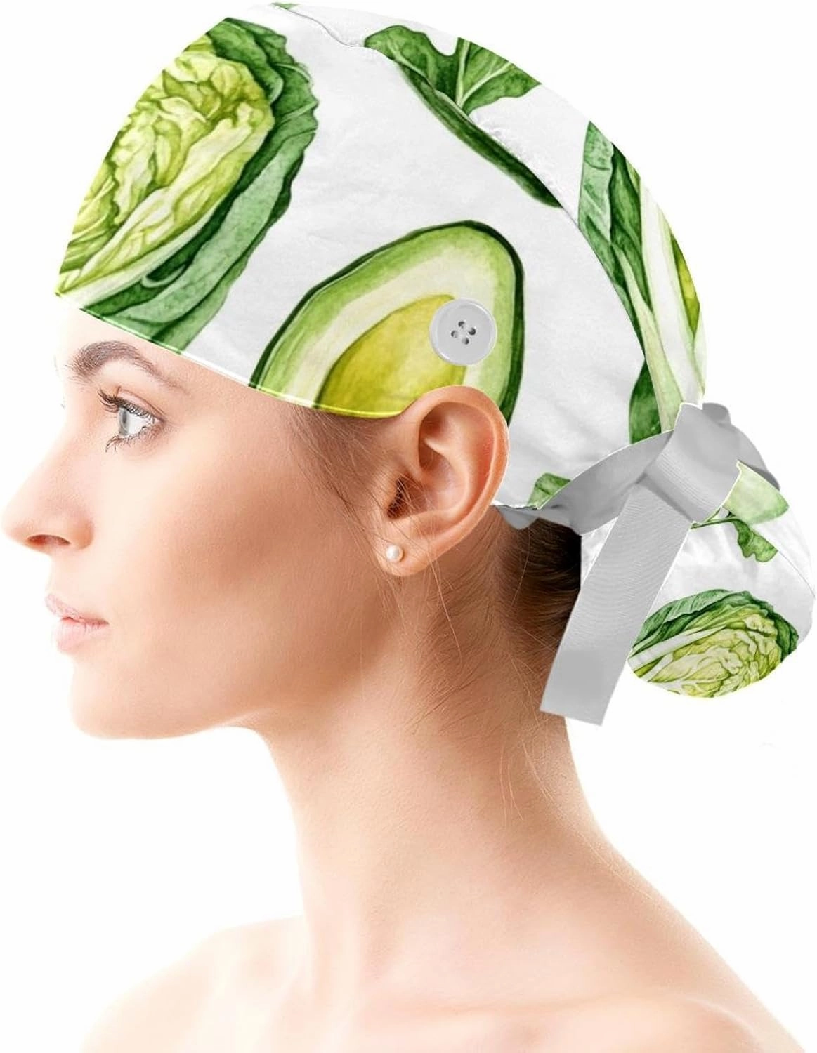 Lemon Pattern (4) Women Surgical Cap with Buttons, Long Hair Scrub Hat with Bow Hair Scrunchy Ponytail Holder