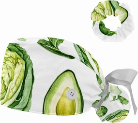 Lemon Pattern (4) Women Surgical Cap with Buttons, Long Hair Scrub Hat with Bow Hair Scrunchy Ponytail Holder