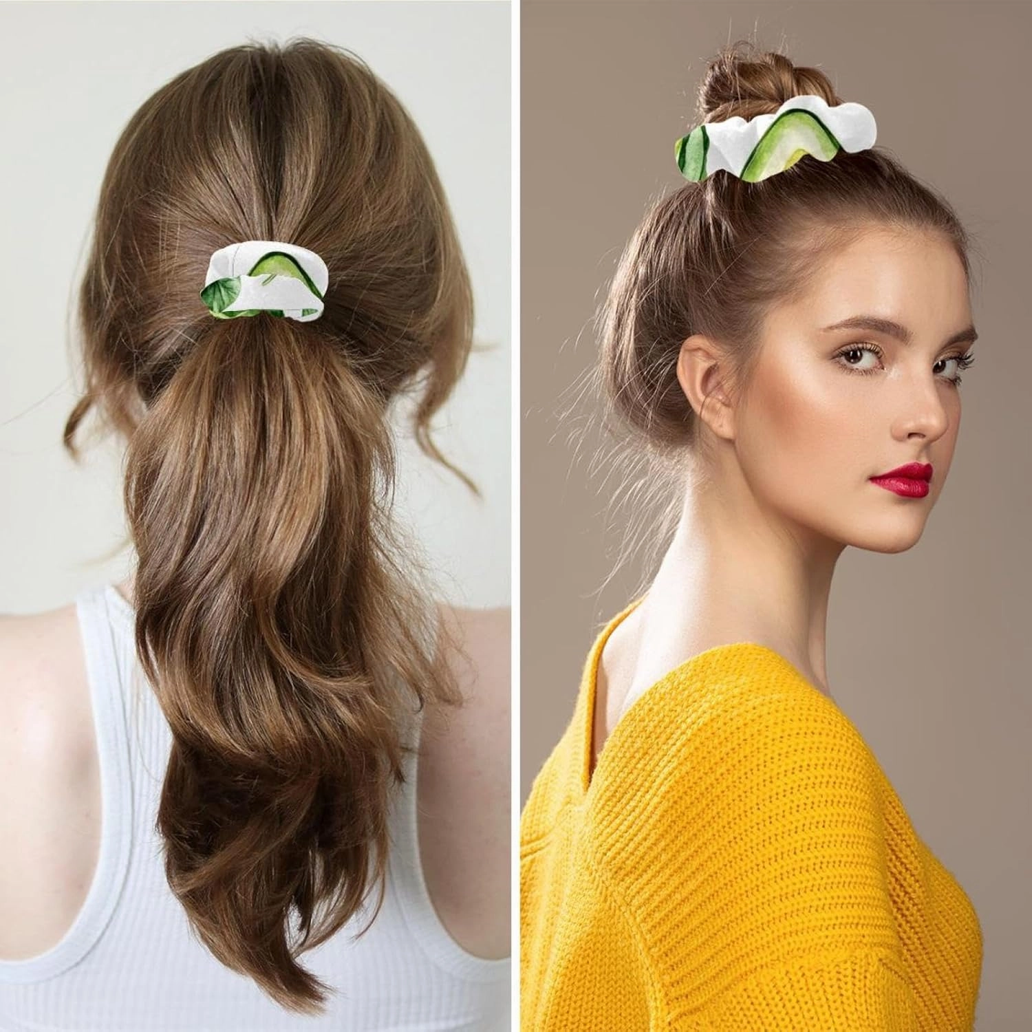 Lemon Pattern (4) Women Surgical Cap with Buttons, Long Hair Scrub Hat with Bow Hair Scrunchy Ponytail Holder