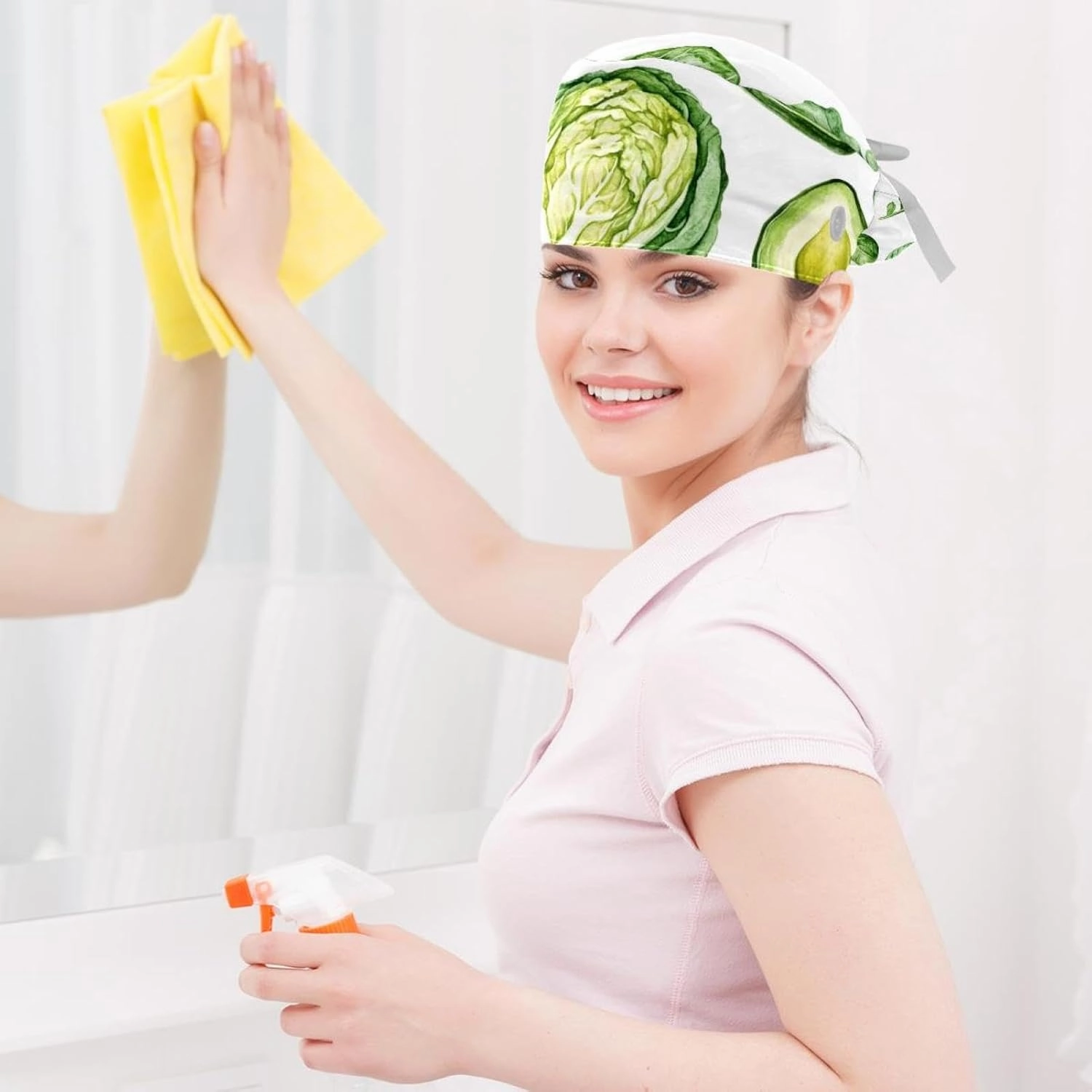 Lemon Pattern (4) Women Surgical Cap with Buttons, Long Hair Scrub Hat with Bow Hair Scrunchy Ponytail Holder