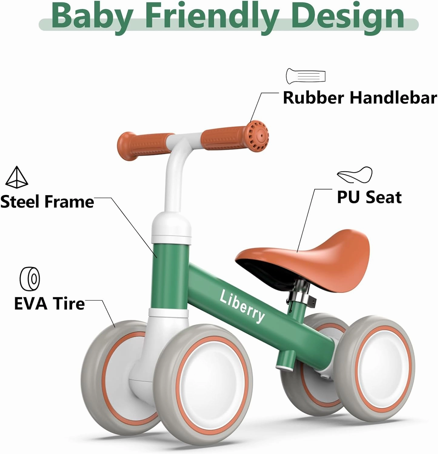 Liberry Baby Balance Bike for 1 2 3 Year Old Boys Girls, 4 Wheels Toddler Balance Bike with Adjustable Seat, Infant's First Birthday Gift (Green)
