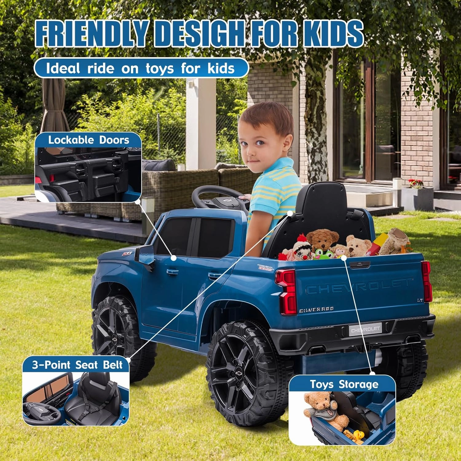 Licensed Chevrolet Silverado Ride on Truck,Kids Electric Vehicles w/Parent Remote Control, 12V Ride on Toy Car for Boys Girls, LED Lights, Truck Bed Storage, Horn, USB, Soft Start (Blue)