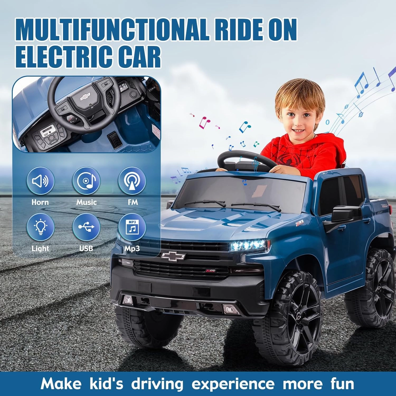 Licensed Chevrolet Silverado Ride on Truck,Kids Electric Vehicles w/Parent Remote Control, 12V Ride on Toy Car for Boys Girls, LED Lights, Truck Bed Storage, Horn, USB, Soft Start (Blue)