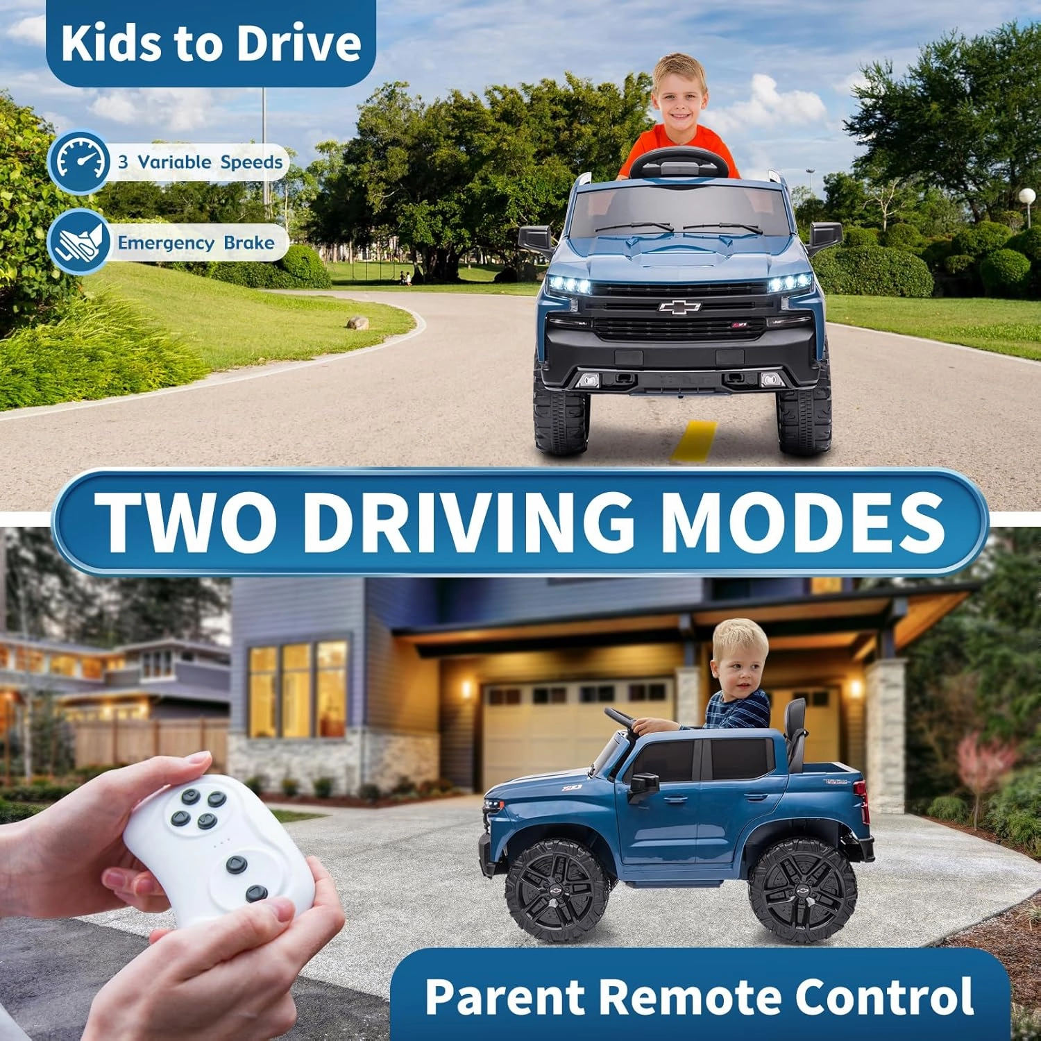 Licensed Chevrolet Silverado Ride on Truck,Kids Electric Vehicles w/Parent Remote Control, 12V Ride on Toy Car for Boys Girls, LED Lights, Truck Bed Storage, Horn, USB, Soft Start (Blue)