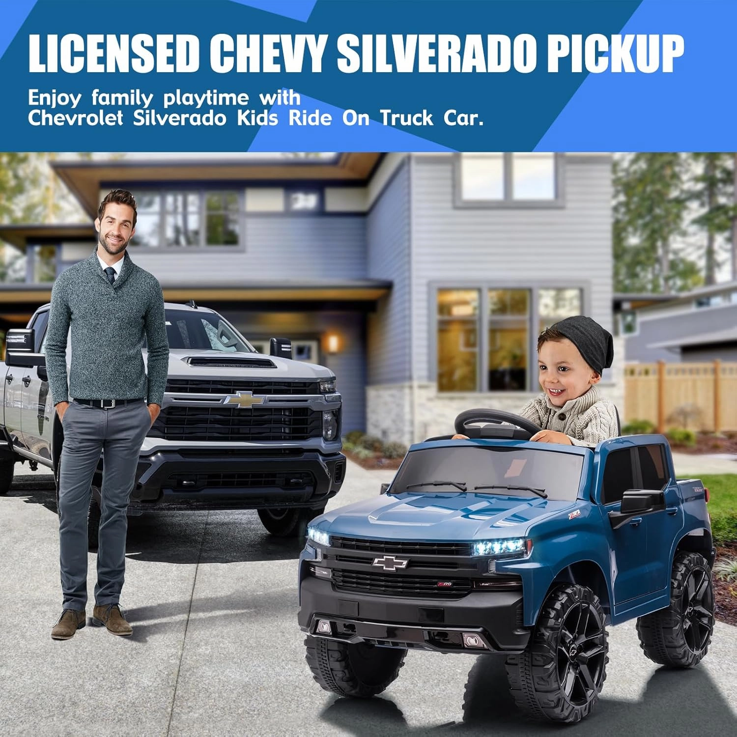 Licensed Chevrolet Silverado Ride on Truck,Kids Electric Vehicles w/Parent Remote Control, 12V Ride on Toy Car for Boys Girls, LED Lights, Truck Bed Storage, Horn, USB, Soft Start (Blue)