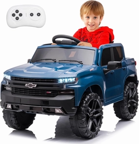 Licensed Chevrolet Silverado Ride on Truck,Kids Electric Vehicles w/Parent Remote Control, 12V Ride on Toy Car for Boys Girls, LED Lights, Truck Bed Storage, Horn, USB, Soft Start (Blue)