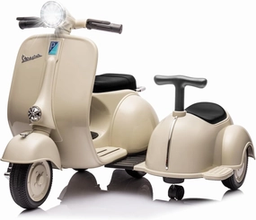 Licensed Vespa Kids Ride On Car with Side Car & Speaker | Motorcycle 2 Seater Three Wheeled Toy Car Rechargeable with Music Player, Volume Button, Lights, USB Plug, Forward, Backward, Beige