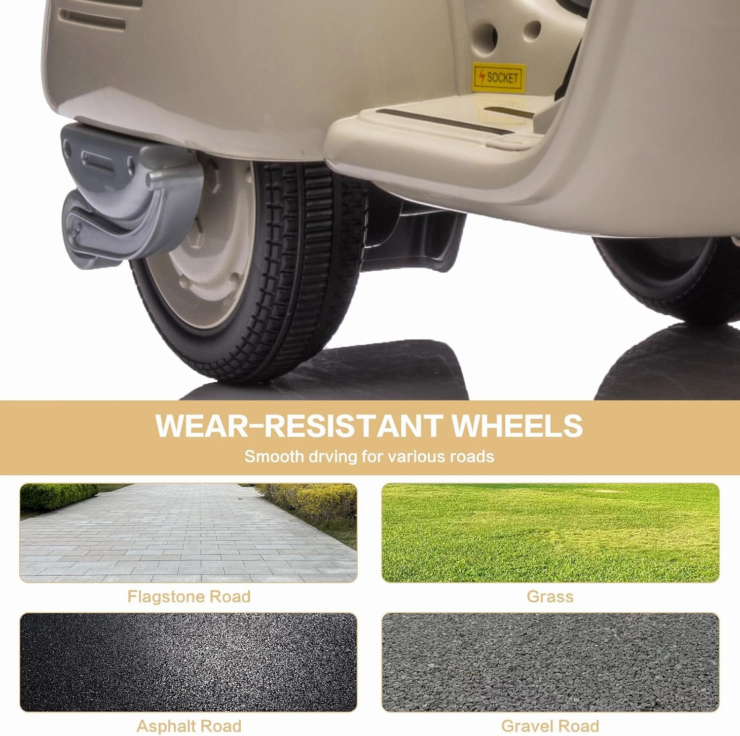 Licensed Vespa Kids Ride On Car with Side Car & Speaker | Motorcycle 2 Seater Three Wheeled Toy Car Rechargeable with Music Player, Volume Button, Lights, USB Plug, Forward, Backward, Beige