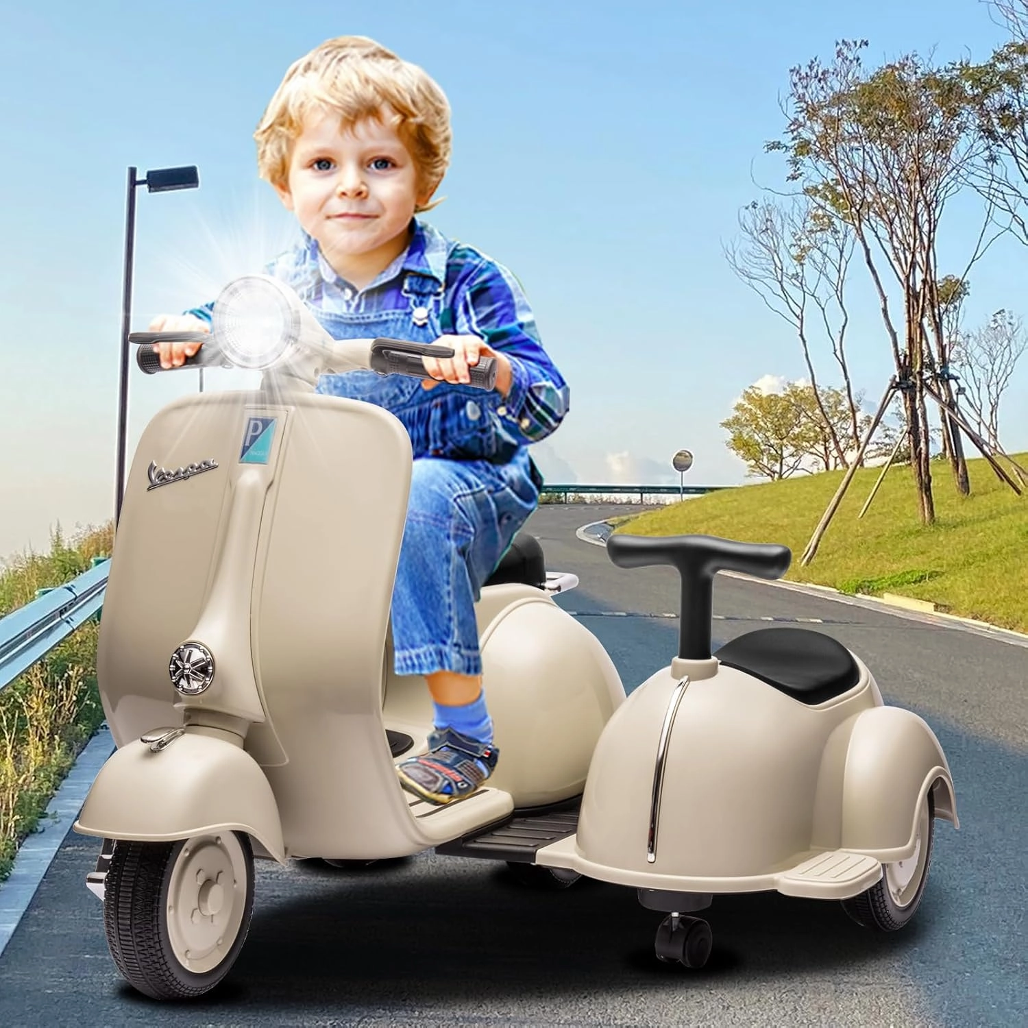 Licensed Vespa Kids Ride On Car with Side Car & Speaker | Motorcycle 2 Seater Three Wheeled Toy Car Rechargeable with Music Player, Volume Button, Lights, USB Plug, Forward, Backward, Beige