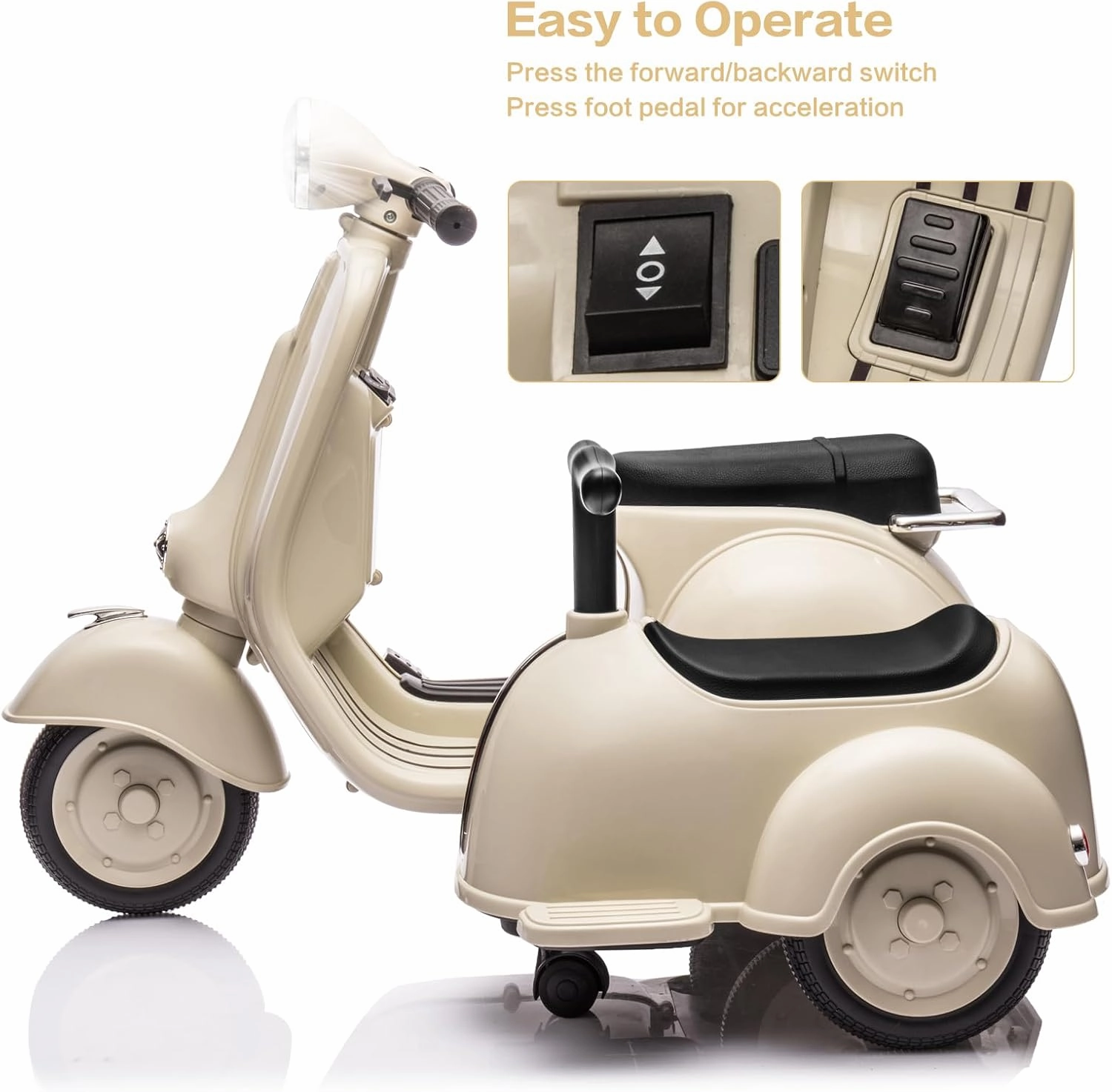 Licensed Vespa Kids Ride On Car with Side Car & Speaker | Motorcycle 2 Seater Three Wheeled Toy Car Rechargeable with Music Player, Volume Button, Lights, USB Plug, Forward, Backward, Beige