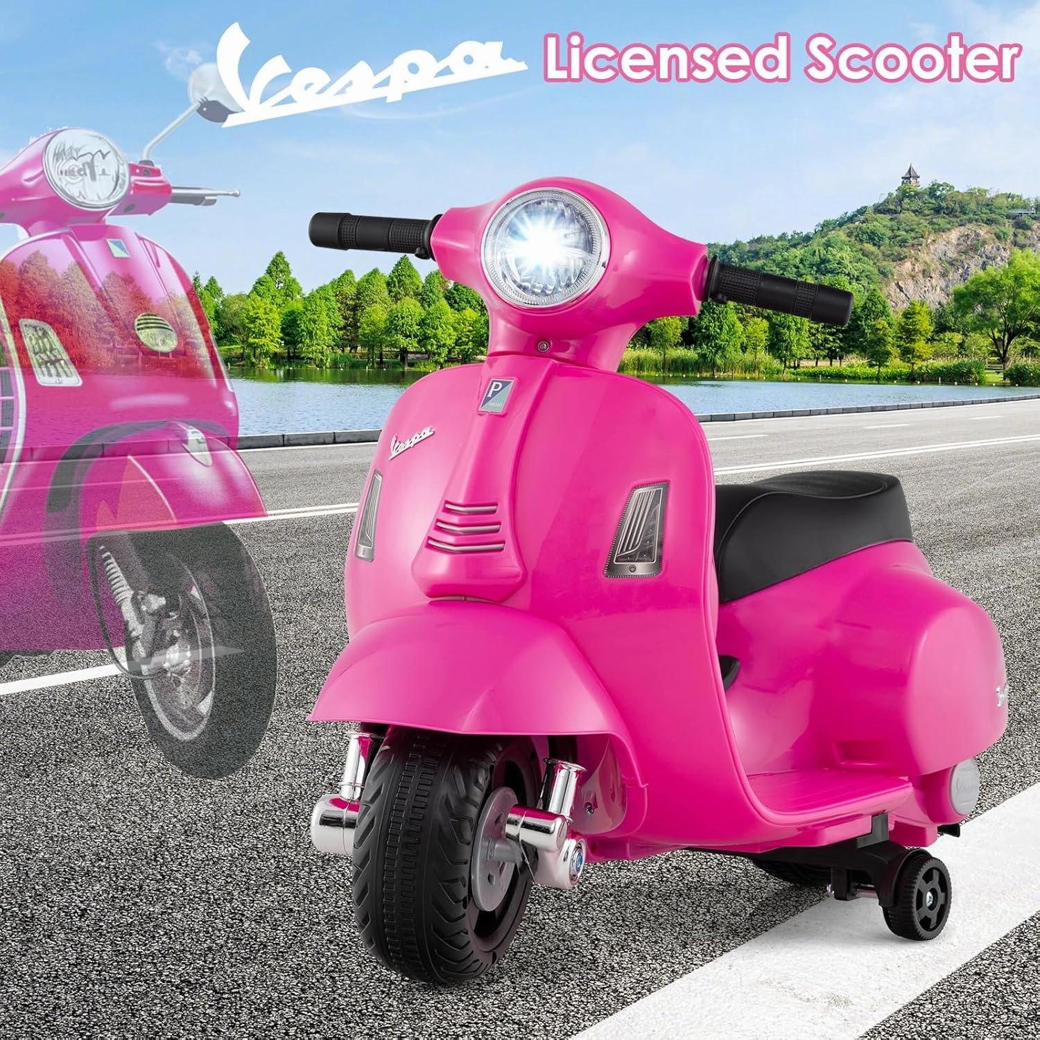 Licensed Vespa Scooter Kids Motorcycle by OLAKIDS, 6V Ride on Electric Motorcycle with Training Wheels, Headlight, Battery Powered 3 Wheels Toy Gift with LED Headlight Horn for Boys Girls (Pink)