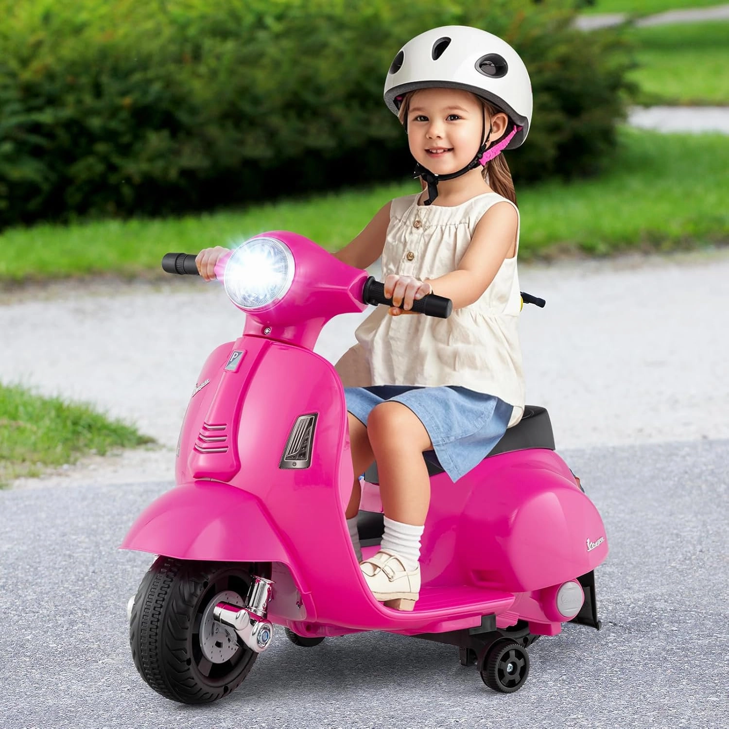 Licensed Vespa Scooter Kids Motorcycle by OLAKIDS, 6V Ride on Electric Motorcycle with Training Wheels, Headlight, Battery Powered 3 Wheels Toy Gift with LED Headlight Horn for Boys Girls (Pink)