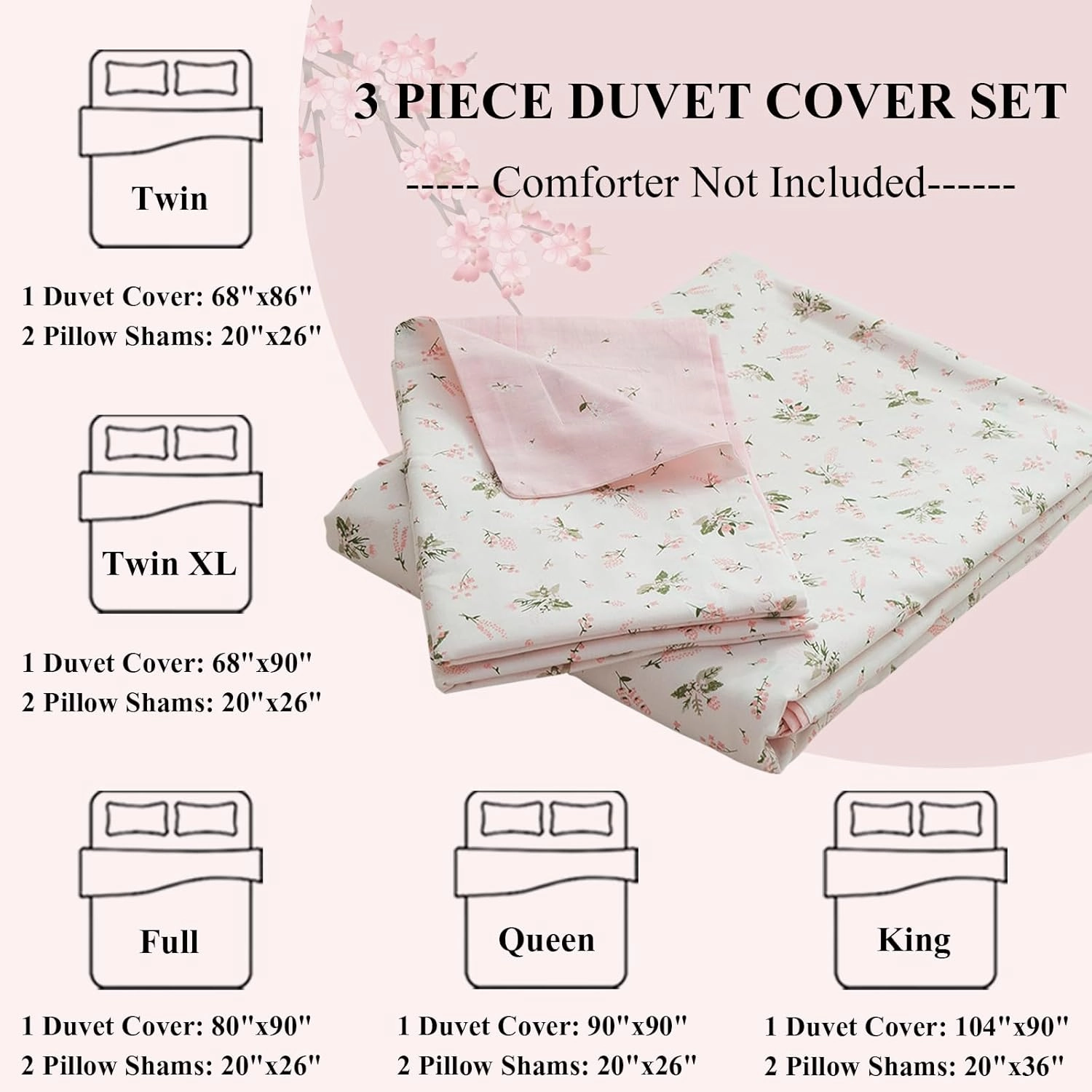 LifeTB Cotton Floral Duvet Cover Queen Girl Pink Flower Bedding Sets Garden Style Cotton Floral Comforter Cover Pink White Floral Bedding Sets Flower Branches Pattern Duvet Cover with Zipper Closure