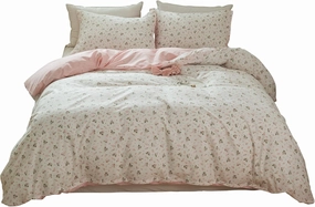 LifeTB Cotton Floral Duvet Cover Queen Girl Pink Flower Bedding Sets Garden Style Cotton Floral Comforter Cover Pink White Floral Bedding Sets Flower Branches Pattern Duvet Cover with Zipper Closure