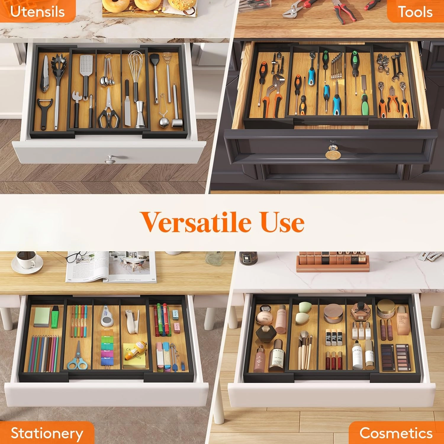 Lifewit Utensil Organizer for Kitchen Drawer, Bamboo Cooking Utensil Tray, Expandable Cutlery Silverware Flatware Holder, Adjustable Spatula Tools Gadgets Storage Divider, Large, Natural and Black