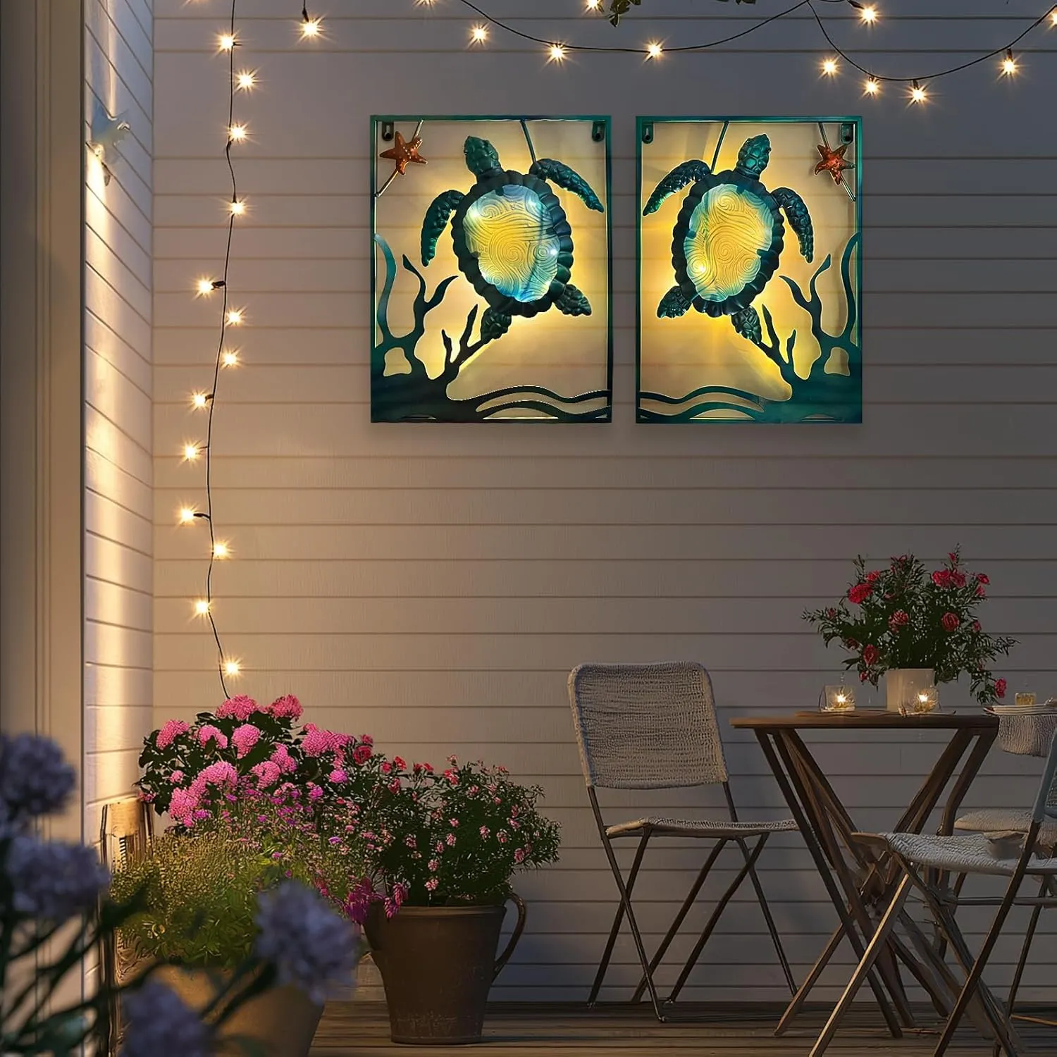 LIFFY Metal Sea Turtle Beach Themed Bathroom Wall Art Decor with Frame-Outdoor Wall Art with LED Fairy Lights, Fish Glass Art Wall Sculpture for Patio,Beach,Garden,Yard,Pool,home gift(2pcs, Blue)