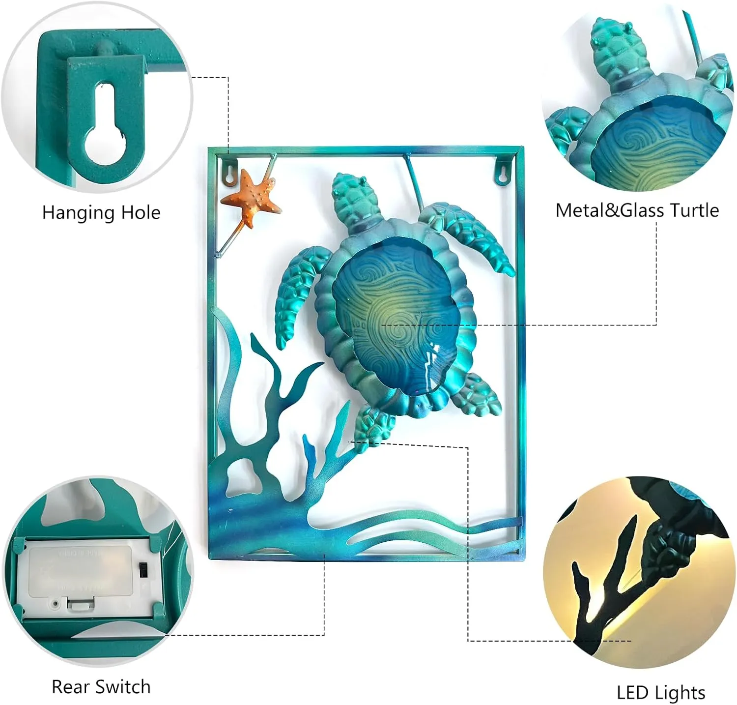 LIFFY Metal Sea Turtle Beach Themed Bathroom Wall Art Decor with Frame-Outdoor Wall Art with LED Fairy Lights, Fish Glass Art Wall Sculpture for Patio,Beach,Garden,Yard,Pool,home gift(2pcs, Blue)